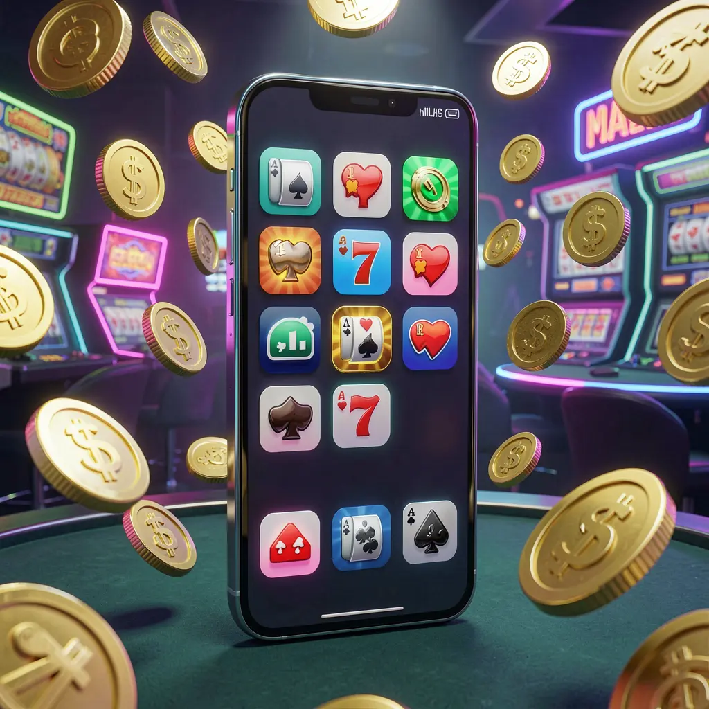 PH1888 Android casino app concept displayed on a modern phone with app icons, surrounded by golden coins and slot symbols floating in a neon casino atmosphere, realistic 3D render
