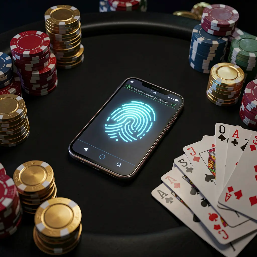 PH1888 online casino authentication concept showing a phone with fingerprint scan glow on a premium black table surrounded by poker chips, golden coins, and playing cards in a cinematic 3D render