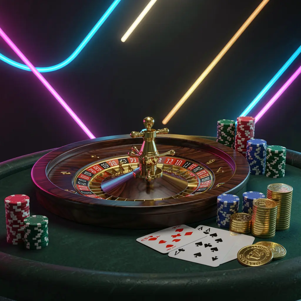 PH1888 online casino homepage hero banner featuring a luxury casino table with a roulette wheel, poker chips, playing cards, and golden coins on a dark premium background with neon glow in a cinematic 3D render